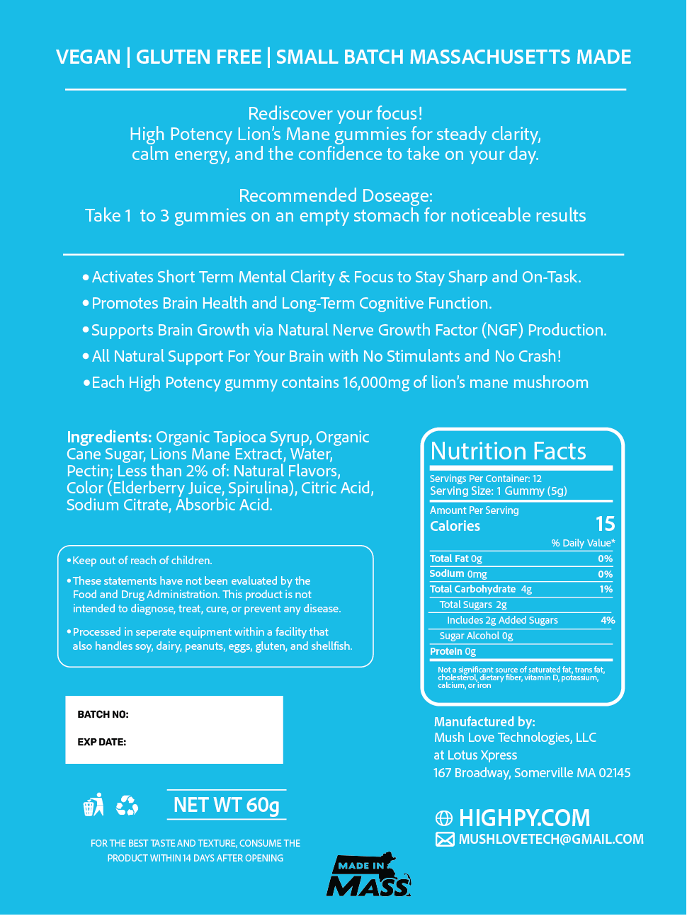 Mind Focus Gummy - High PotencY Lion's Mane Extract for the Brain - Subscription